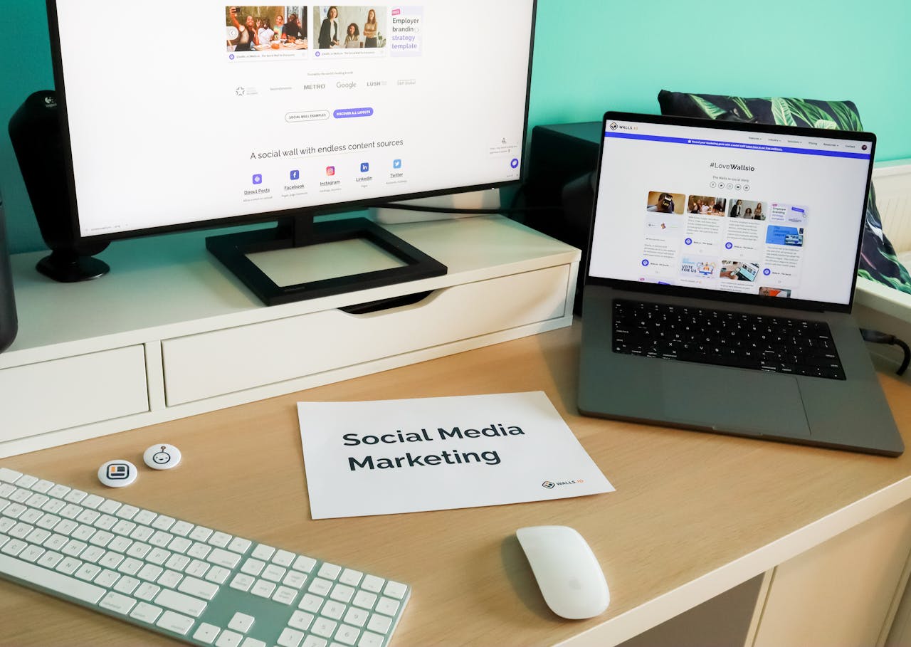 about-us-01 Stylish workspace with laptop and monitor for social media marketing.